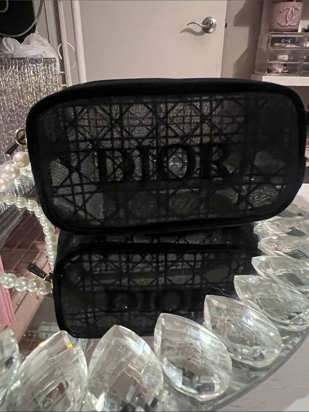 Dior Black Mesh Cosmetic Pouch with Pearl Strap - Picture 4 of 5